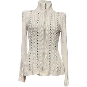 Boston Proper Cotton Silk Zip Up Cable Embellished Cardigan Sweater Tan Medium
